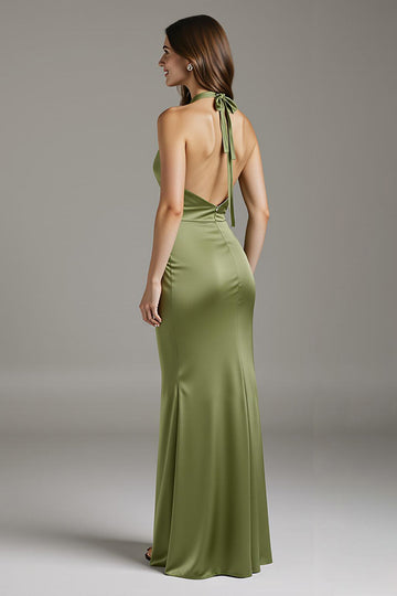 Sage Green Halter Satin Sheath Long Black Tie Dress with Slit